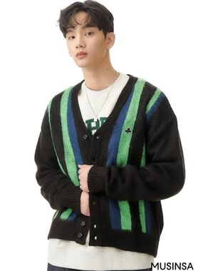 Striped Black Cardigan Sweater with Green & Blue Accents